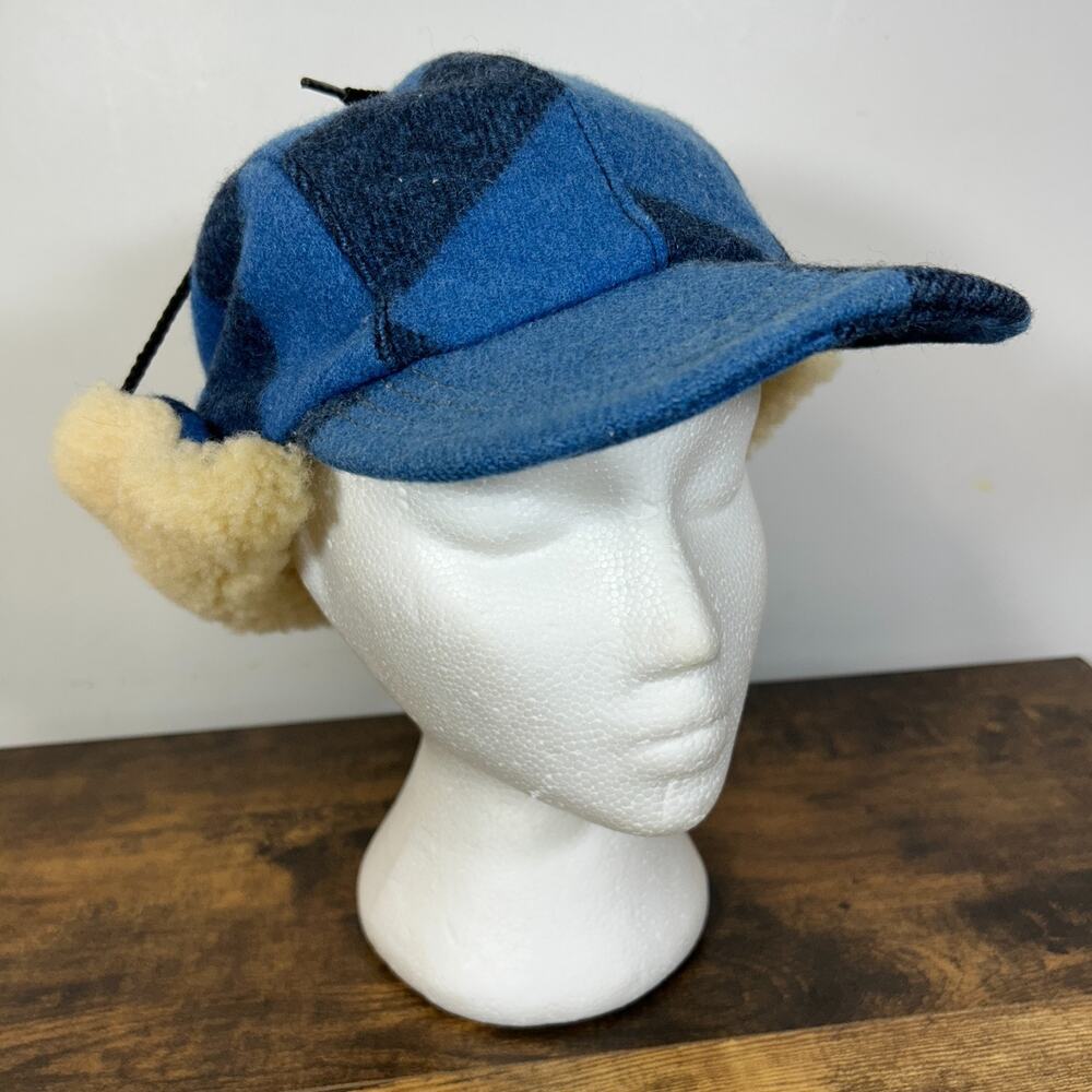 Filson Double Mackinaw Cap Made in USA Cobalt Blue Black Plaid Shearling S